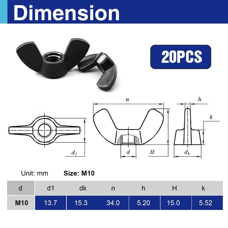 Usdrwam 20PCS M10 Metric Wing Nuts kit, Zinc Plating-Black Wing Nuts Butterfly Fasteners, Hand Twist Tighten Ear Butterfly Nut Kitfor Easy Assembly and Secure Fit Furniture - Image 2